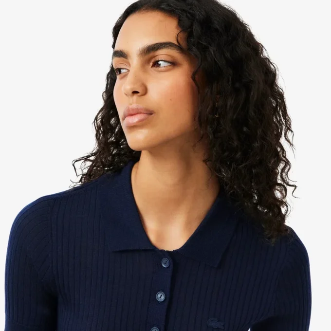 3D Rib Knit Polo Collar Merino Wool Sweater