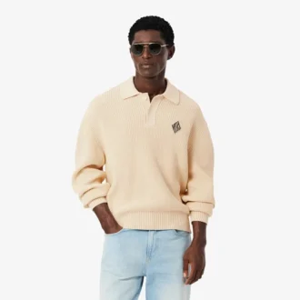 Badge Accent Pearl Rib Polo Collar Sweater