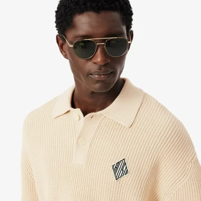 Badge Accent Pearl Rib Polo Collar Sweater