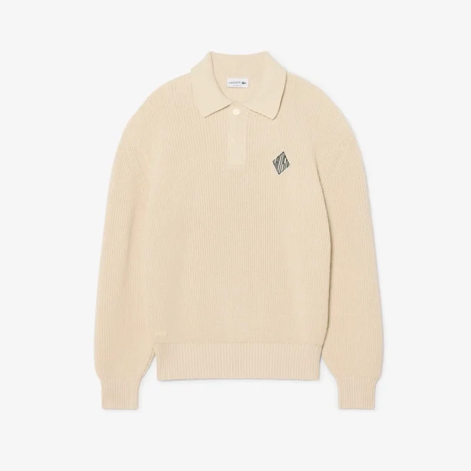 Badge Accent Pearl Rib Polo Collar Sweater