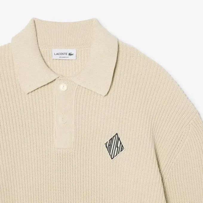 Badge Accent Pearl Rib Polo Collar Sweater