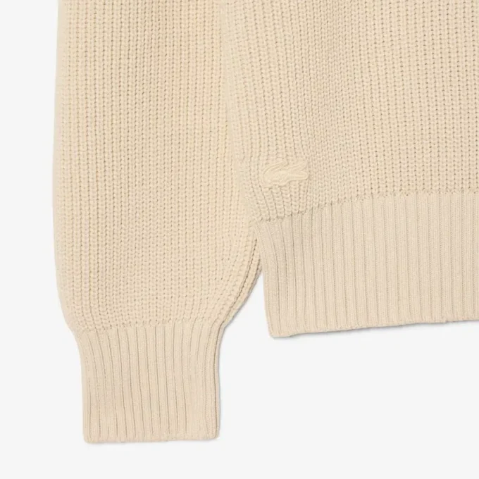 Badge Accent Pearl Rib Polo Collar Sweater
