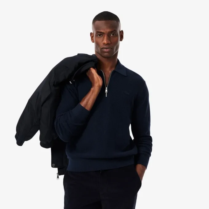 Men’s Cotton & Wool Blend Half-Zip Polo Collar Sweater