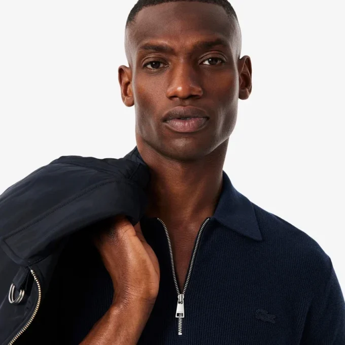 Men’s Cotton & Wool Blend Half-Zip Polo Collar Sweater