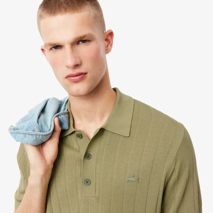 Men’s Fluid Ribbed Knit Polo Collar Sweater