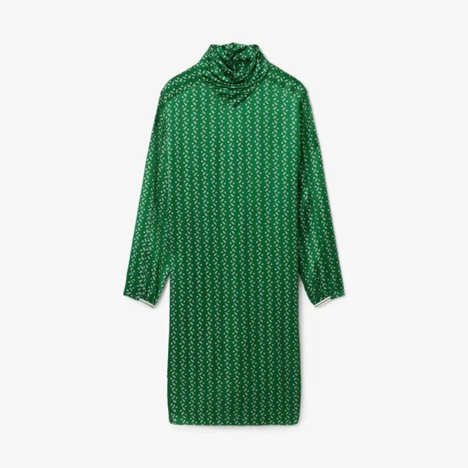 Runway Printed Satin Scarf Neck Dress