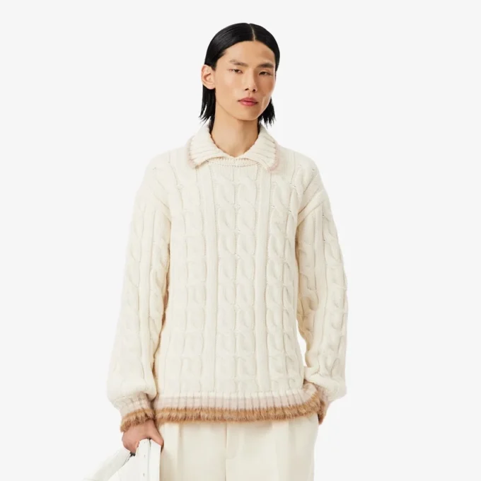 Runway Wool Polo Collar Cable Knit Sweater