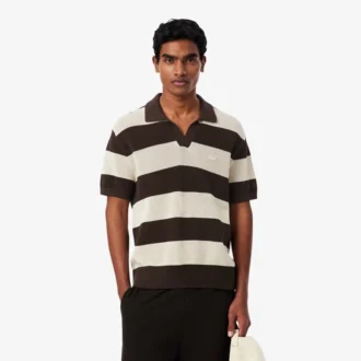 Short Sleeved Striped Polo Collar Sweater
