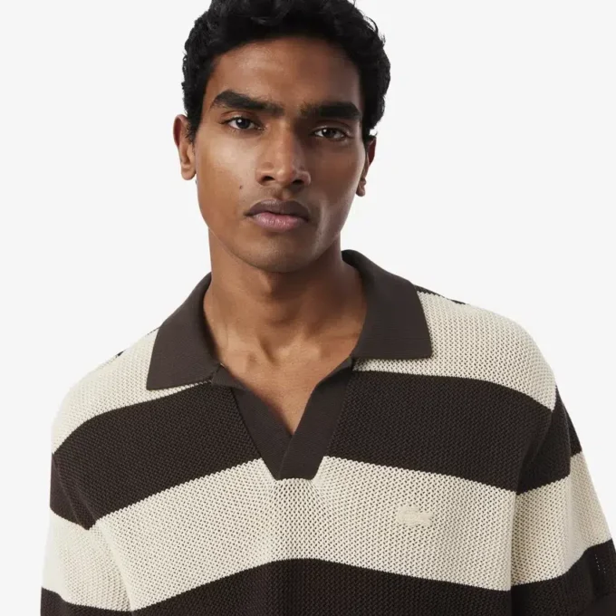 Short Sleeved Striped Polo Collar Sweater