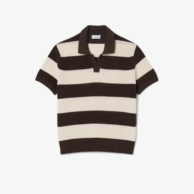 Short Sleeved Striped Polo Collar Sweater