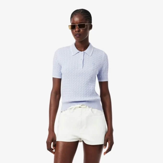 Striped Cable Knit Polo Collar Sweater