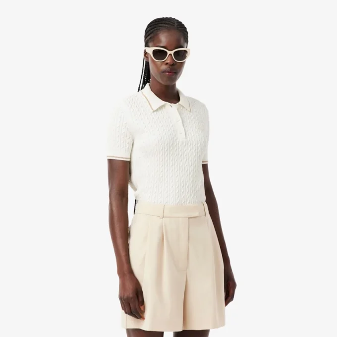 Striped Cable Knit Polo Collar Sweater