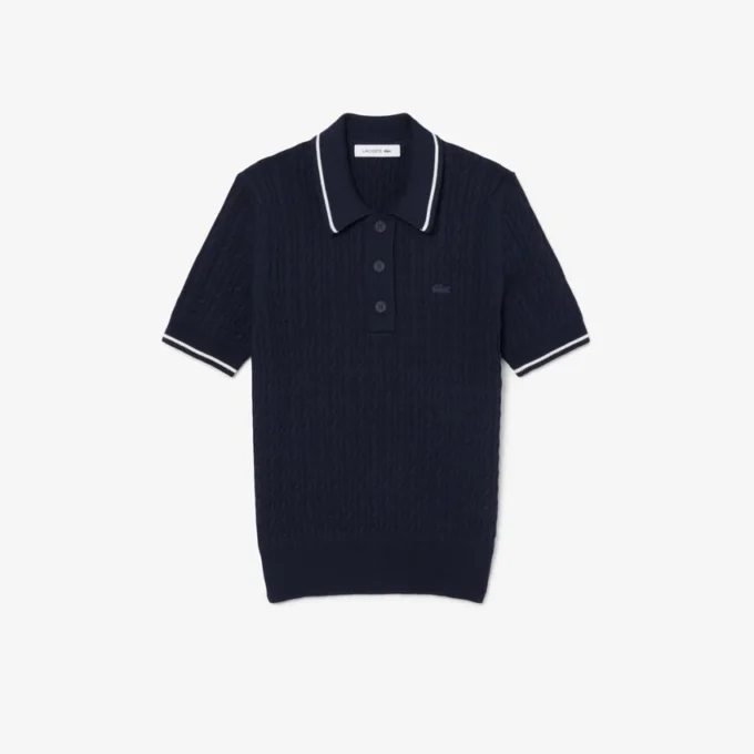 Striped Cable Knit Polo Collar Sweater