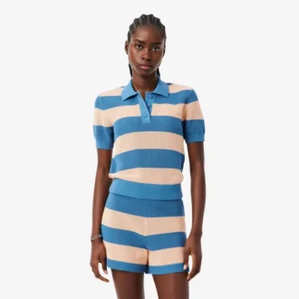 Striped Mesh Knit Polo Collar Sweater
