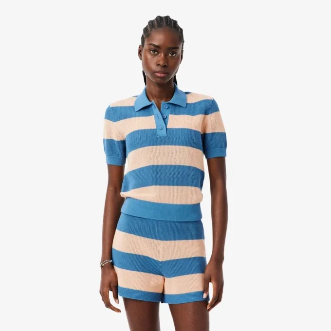 Striped Mesh Knit Polo Collar Sweater