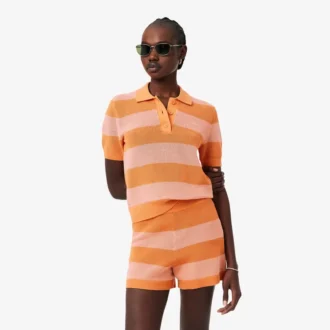 Striped Mesh Knit Polo Collar Sweater
