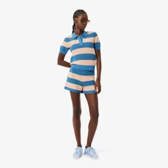 Striped Mesh Knit Polo Collar Sweater