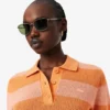 Striped Mesh Knit Polo Collar Sweater