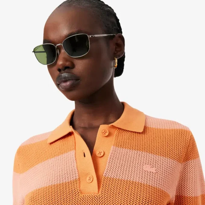 Striped Mesh Knit Polo Collar Sweater