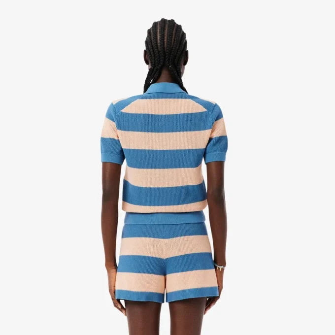 Striped Mesh Knit Polo Collar Sweater