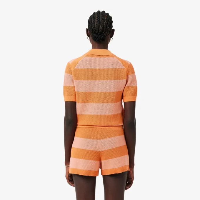 Striped Mesh Knit Polo Collar Sweater