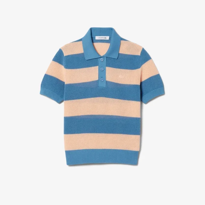 Striped Mesh Knit Polo Collar Sweater
