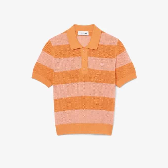 Striped Mesh Knit Polo Collar Sweater