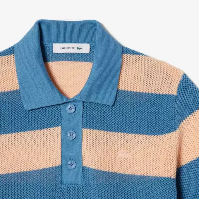 Striped Mesh Knit Polo Collar Sweater