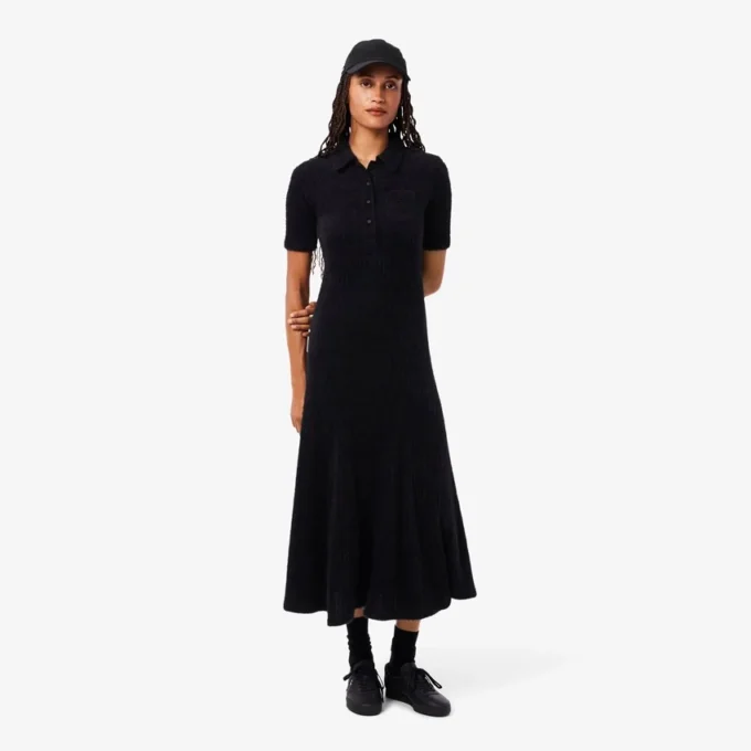 Women’s Fuzzy Ribbed Knit Polo Collar Dress